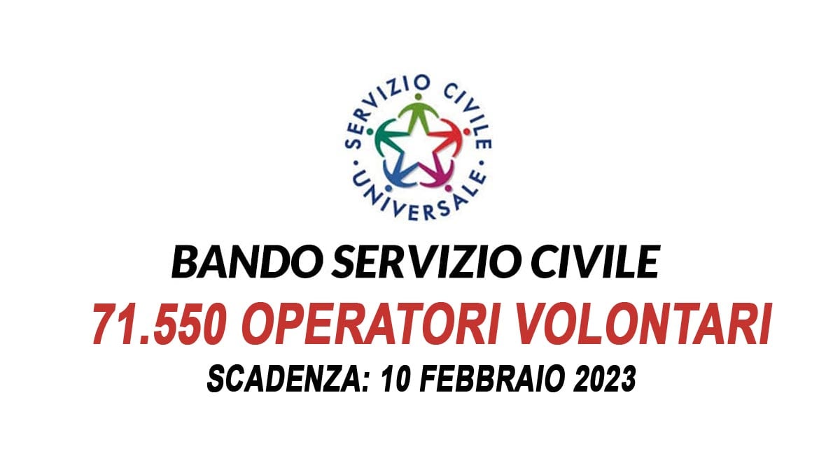 72Mila posti BANDO SERVIZIO CIVILE UNIVERSALE 2023 - selezione di 71.550 operatori volontari