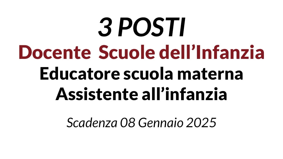 3 posti di Personale Docente delle Scuole dell’Infanzia, educatore scuola materna/assistente all’infanzia, Comune di Venezia