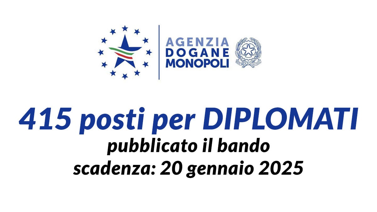 415 posti per DIPLOMATI Concorso Agenzia delle Dogane 2025: pubblicato il bando