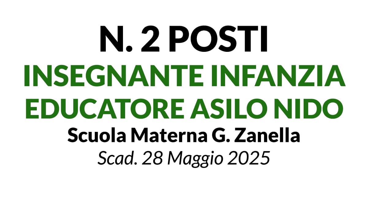 2 posti per INSEGNANTE INFANZIA ed EDUCATORE ASILO NIDO, concorso presso Scuola Materna G. Zanella
