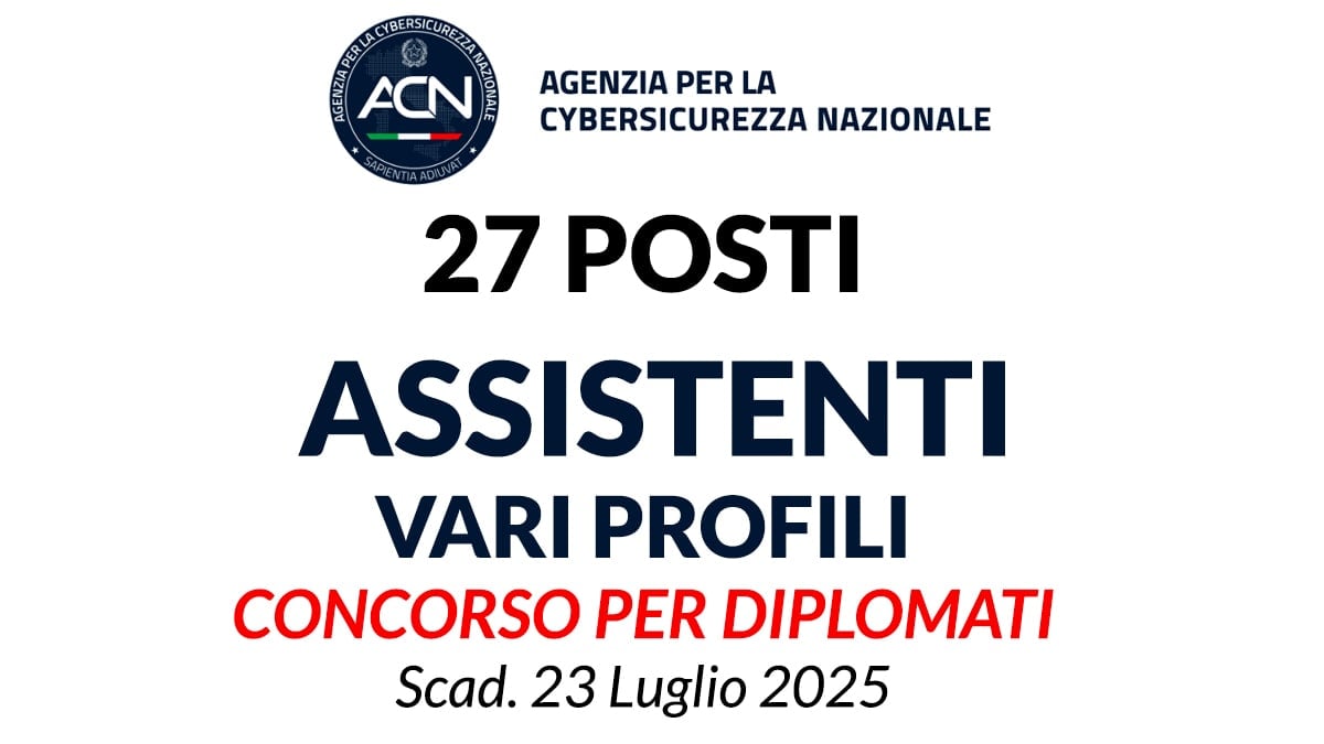 27 ASSISTENTI vari profili, concorso per DIPLOMATI presso ACN - AGENZIA PER LA CYBERSICUREZZA NAZIONALE - LUGLIO 2025