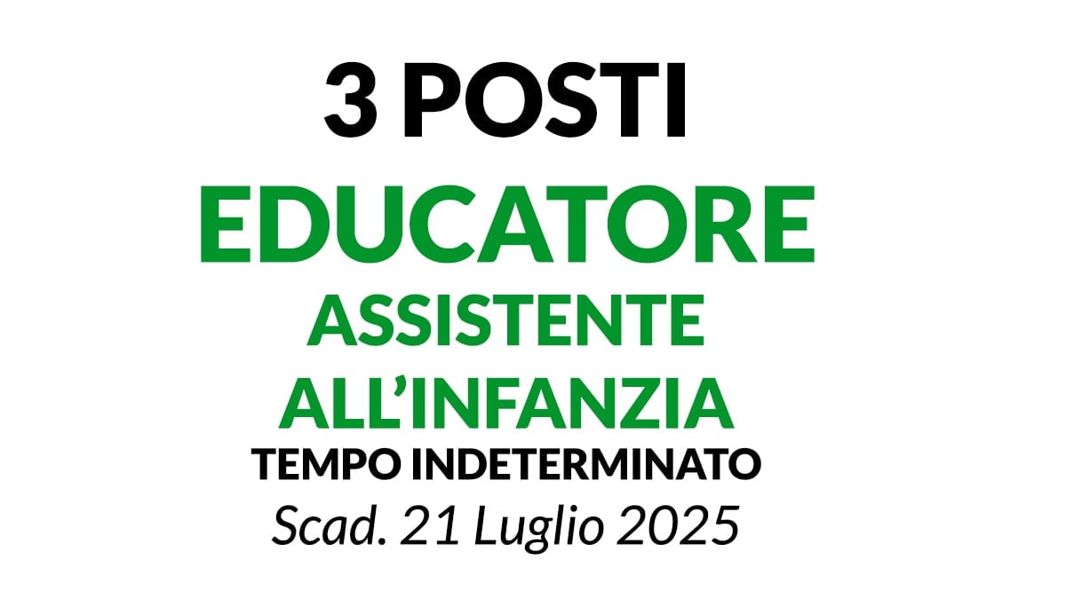 3 posti di Educatore Assistente per l’Infanzia a tempo indeteterminato LUGLIO 2025