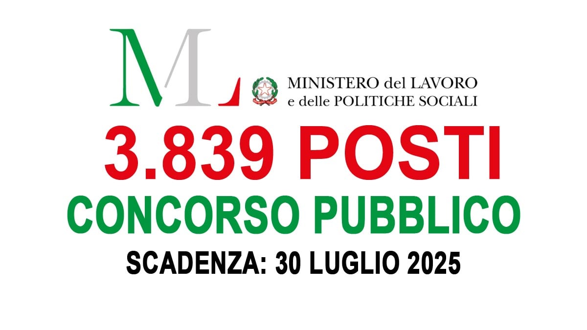 3839 POSTI CONCORSO PUBBLICO MINISTERO DEL LAVORO E DELLE POLITICHE SOCIALI LUGLIO 2025, BANDO COMPLETO