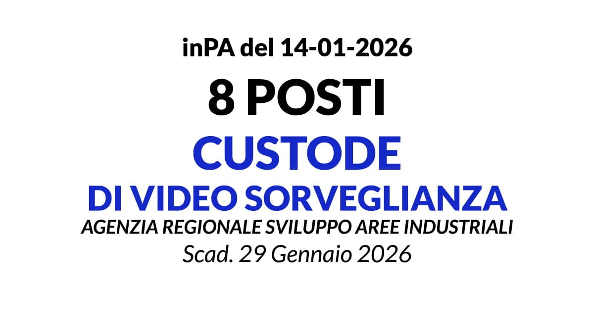 8 POSTI NEL RUOLO DI CUSTODE DI VIDEOSORVEGLIANZA, CONCORO PER DIPLOMATI GENNAIO 2026