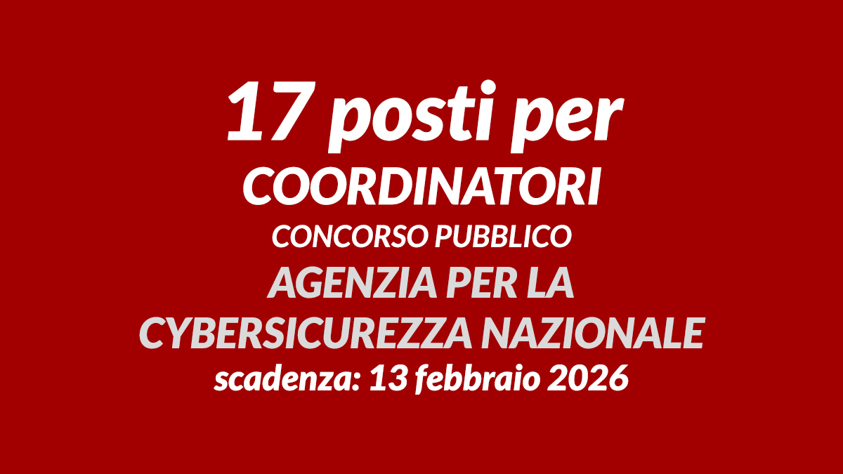 17 posti per COORDINATORI concorso pubblico 2026 Agenzia per la cybersicurezza nazionale L68/99