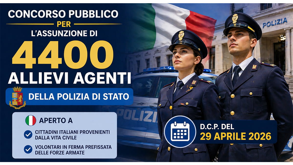 4400 posti CONCORSO PUBBLICO POLIZIA di STATO 2026 per ALLIEVI AGENTI aperto anche ai civili