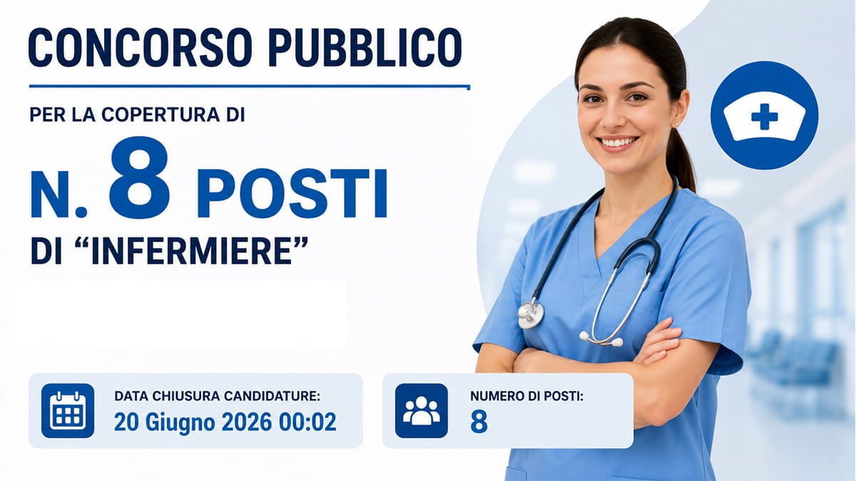 CONCORSO 8 POSTI INFERMIERE A TEMPO INDETERMINATO, SCADENZA GIUGNO 2026