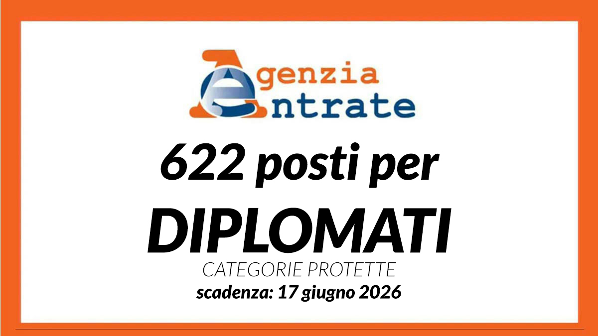 622 posti per DIPLOMATI concorso pubblico AGENZIA delle ENTRATE maggio 2026 L68/99