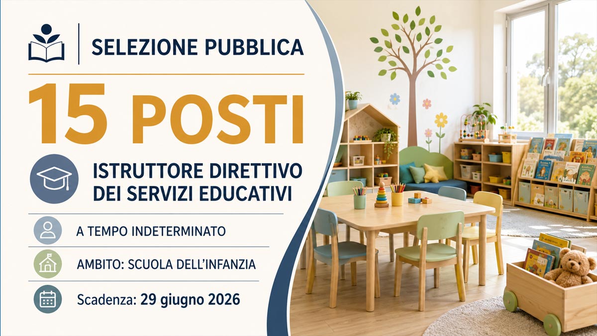15 POSTI PER ISTRUTTORE DEI SERVIZI EDUCATIVI A TEMPO INDETERMINATO AMBITO SCUOLA INFANZIA, BANDO COMPLETO