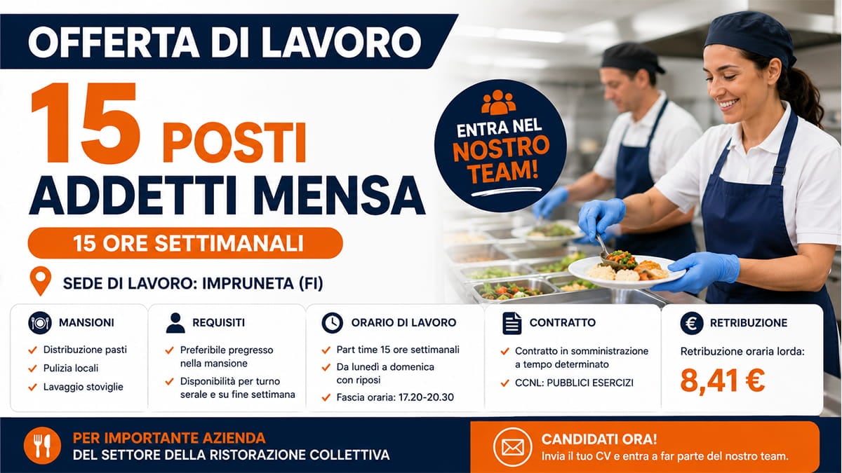 Addetti mensa part-time: 15 posti disponibili per servizio mensa