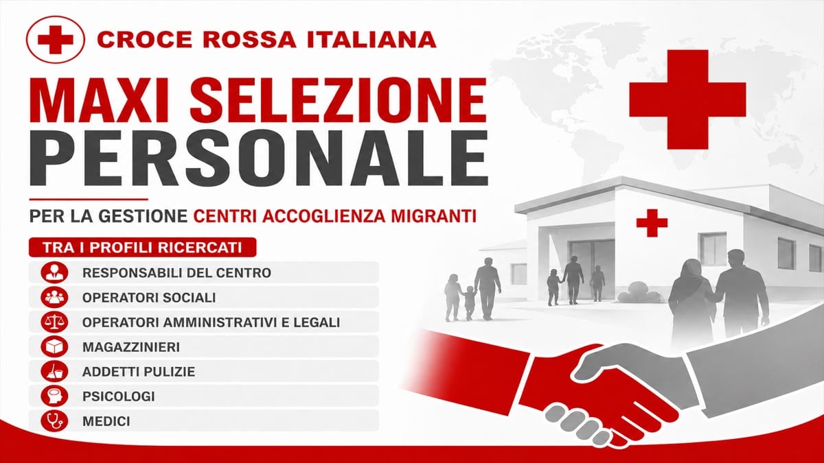 OPERATORI SOCIALI PSICOLOGI INFERMIERI MEDICI ADDETTI PULIZIE MAGAZZINIERI E TANTI ALTRI PROFILI CROCE ROSSA ITALIANA RICERCA PERSONALE PER LA GESTIONE CENTRI ACCOGLIENZA MIGRANTI, SCOPRI COME CANDIDARTI 