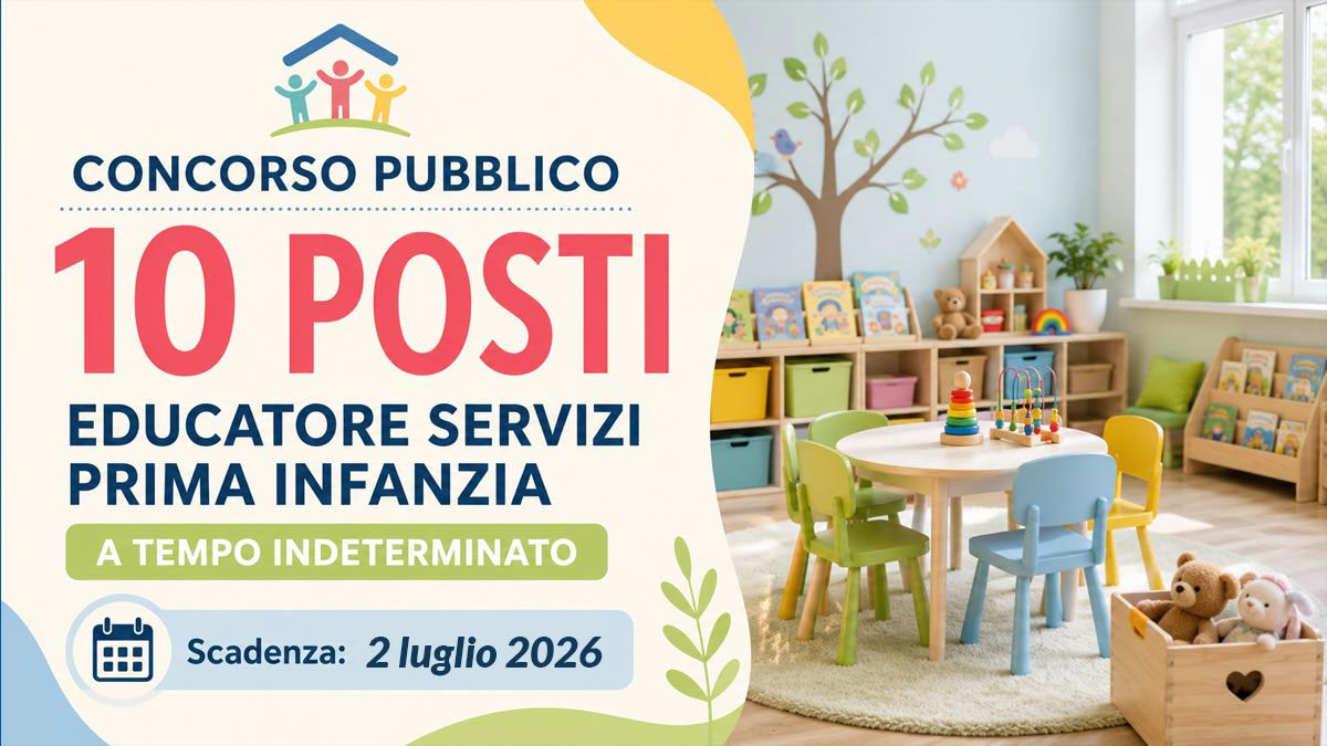 10 POSTI PER EDUCATORE SERVIZI PRIMA INFANZIA CONCORSO PUBBLICO A TEMPO INDETERMINATO GIUGNO 2026, BANDO COMPLETO