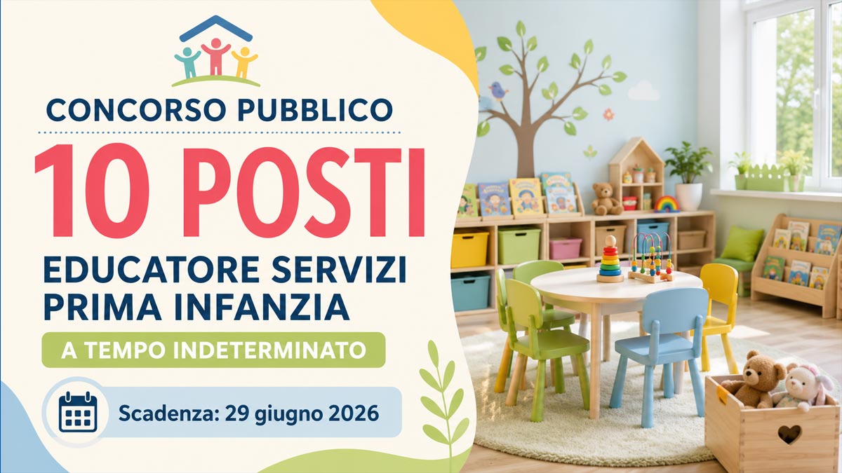 10 POSTI PER EDUCATORE SERVIZI PRIMA INFANZIA CONCORSO PUBBLICO A TEMPO INDETERMINATO GIUGNO 2026, BANDO COMPLETO