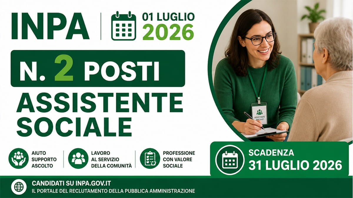 2 posti nel profilo di ASSISTENTE SOCIALE a tempo indeterminato, CONCORSO INPA LUGLIO 2026