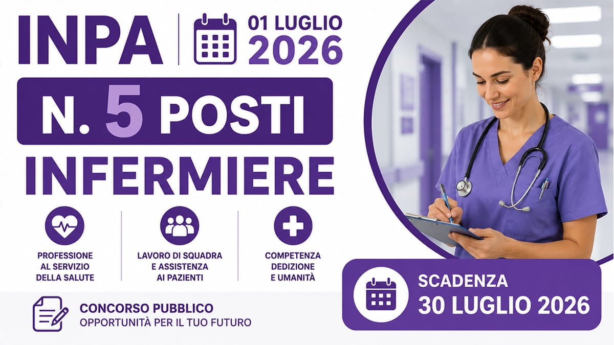 5 posti Infermiere a tempo indeterminato, CONCORSO INPA LUGLIO 2026