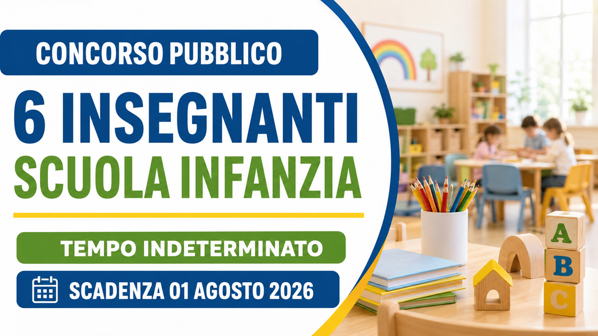 6 POSTI A TEMPO PIENO E INDETERMINATO DI FUNZIONARIO INSEGNANTE SCUOLA INFANZIA CONCORSO PUBBLICO 2026, BANDO COMPLETO