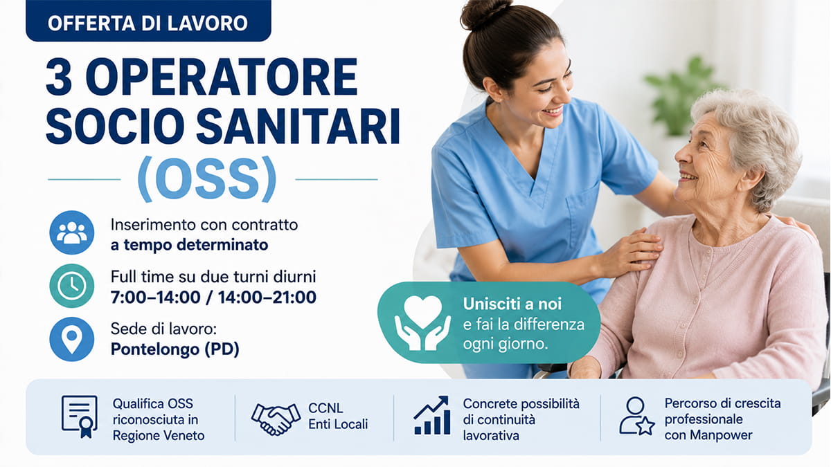 Offerta di lavoro OSS: Manpower seleziona 3 Operatori Socio Sanitari