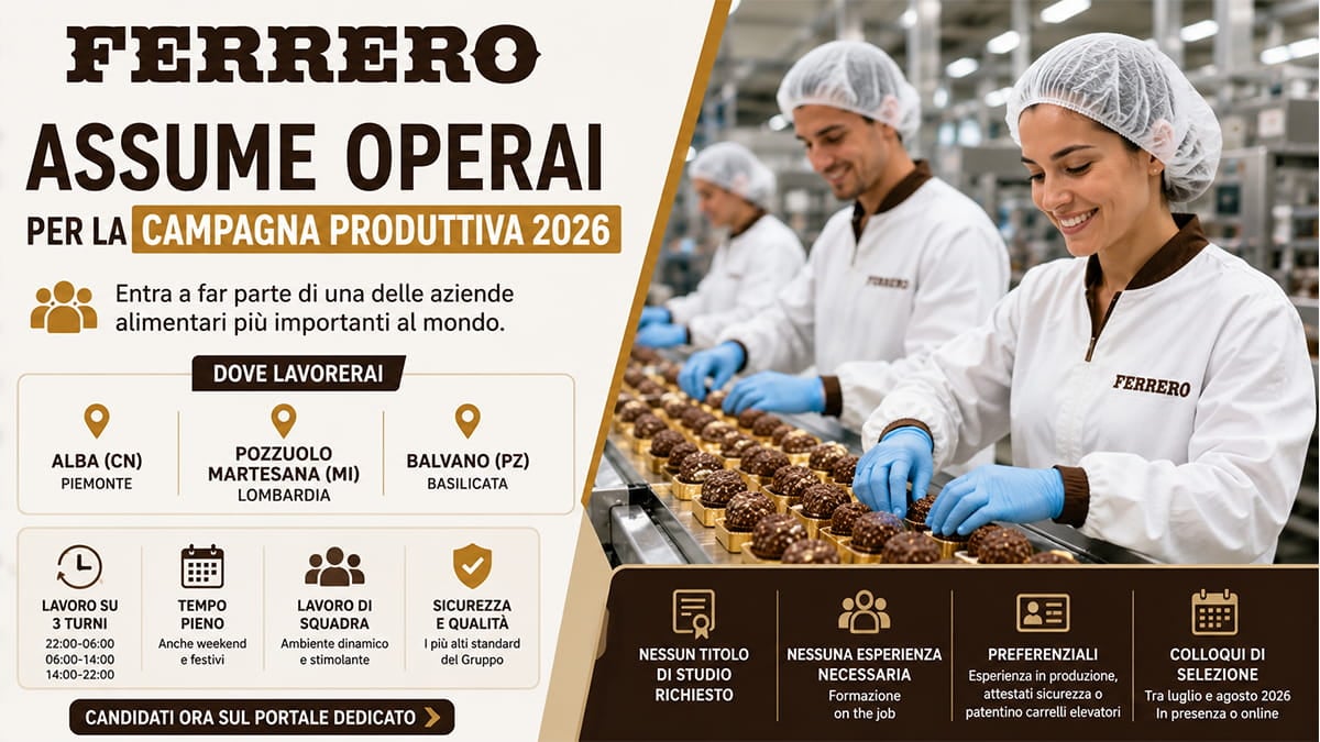 Ferrero assume operai per la campagna produttiva 2026: selezioni aperte in varie regioni