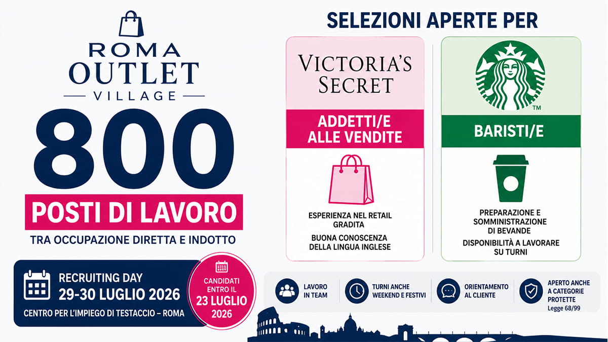 Roma Outlet Village: in arrivo 800 posti di lavoro. Recruiting Day il 29 e 30 luglio per Victoria's Secret e Starbucks
