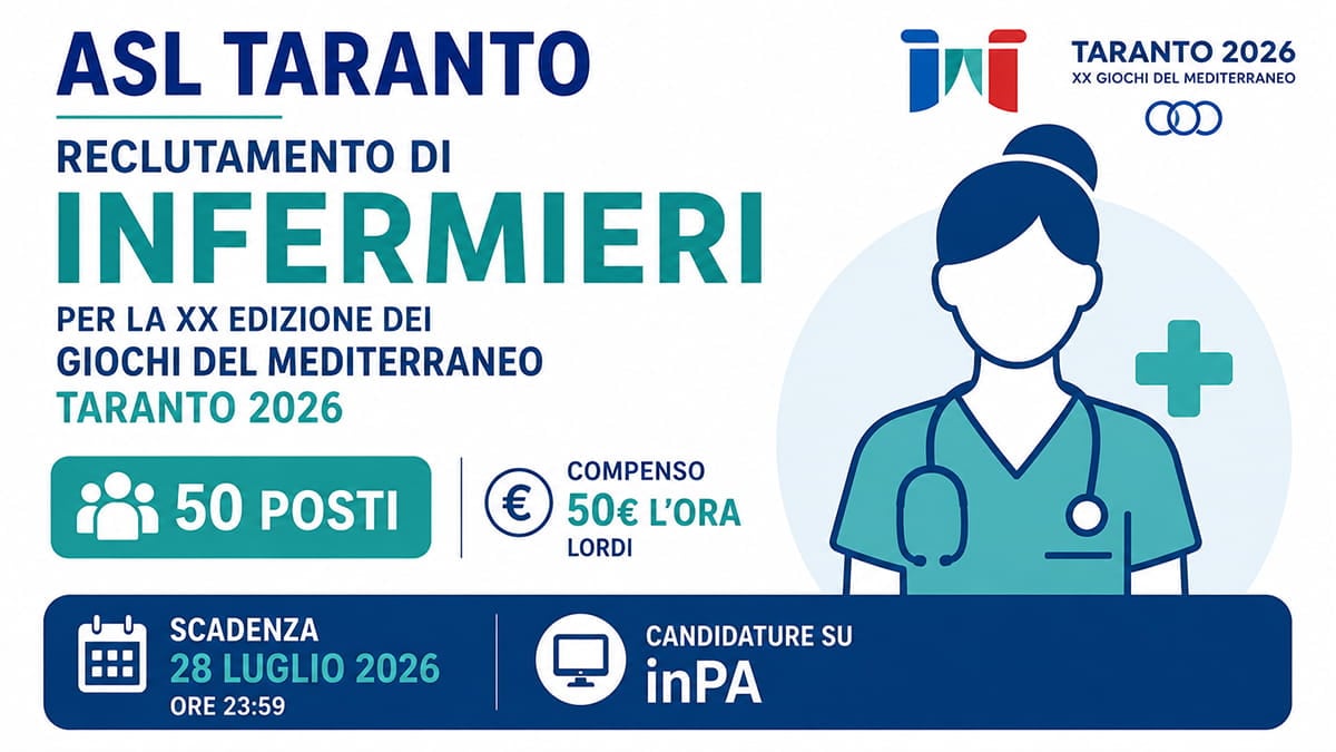 ASL Taranto: selezione per 50 Infermieri ai Giochi del Mediterraneo 2026. Compenso di 50 euro l'ora