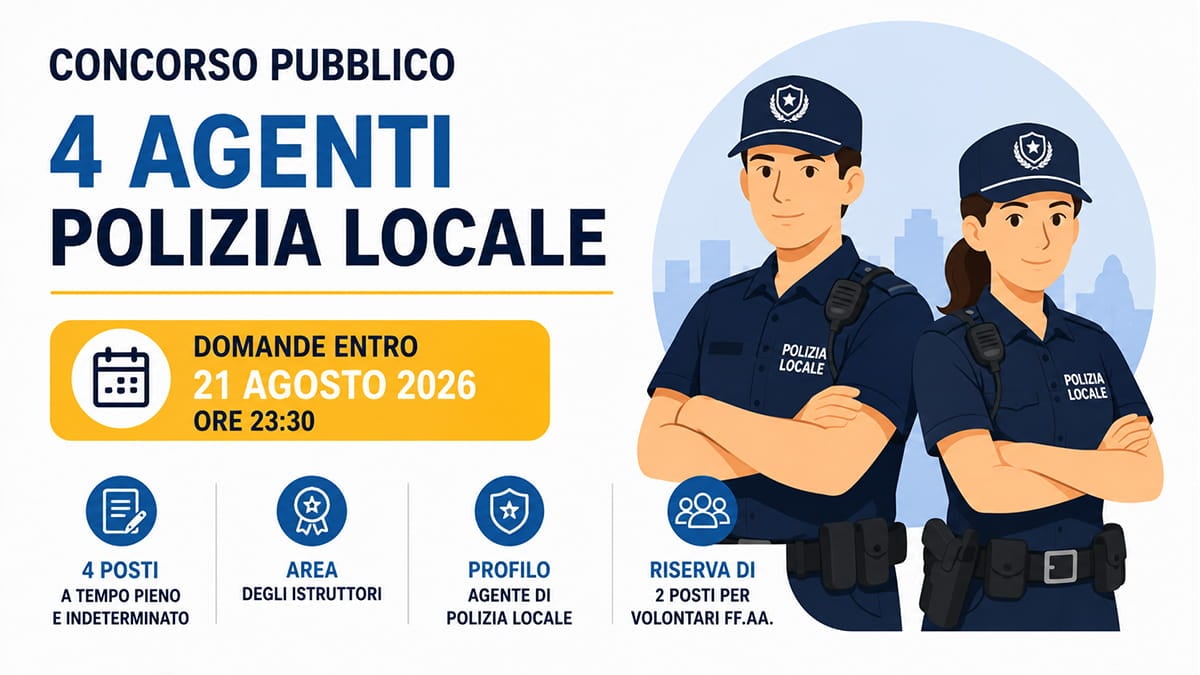 Concorso Polizia Locale 2026: bando per 4 Agenti a tempo indeterminato. Domande entro il 21 agosto
