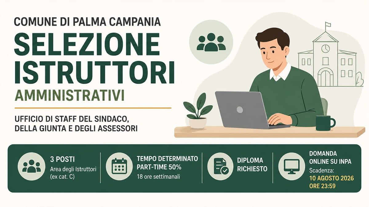 Comune di Palma Campania, selezione per 3 posti di Istruttori Amministrativi: diploma, part-time e domanda su InPA