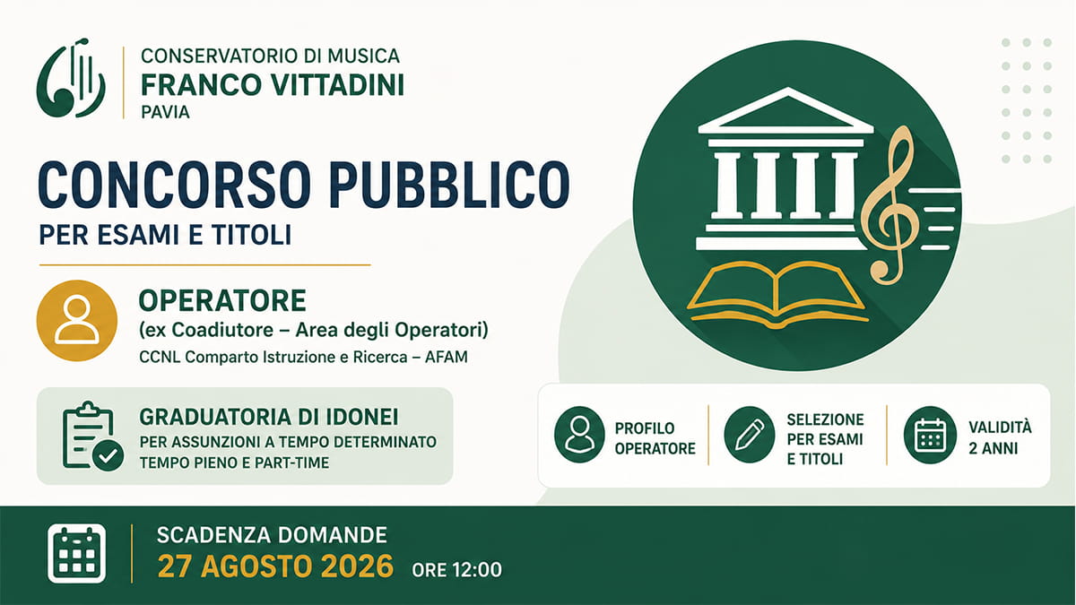 Concorso Conservatorio di Pavia 2026: graduatoria per Operatori (ex Coadiutori), domande entro il 27 agosto