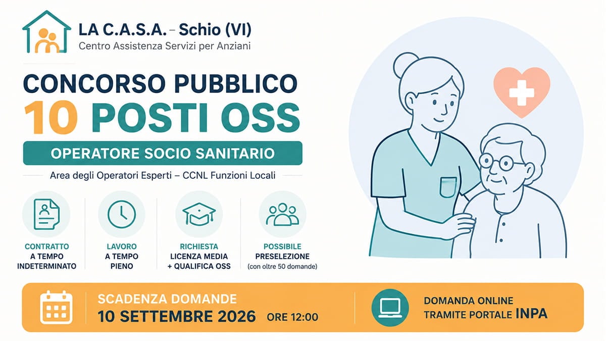 Concorso OSS 2026: 10 posti a tempo indeterminato, basta la licenza media. Domande entro il 10 settembre