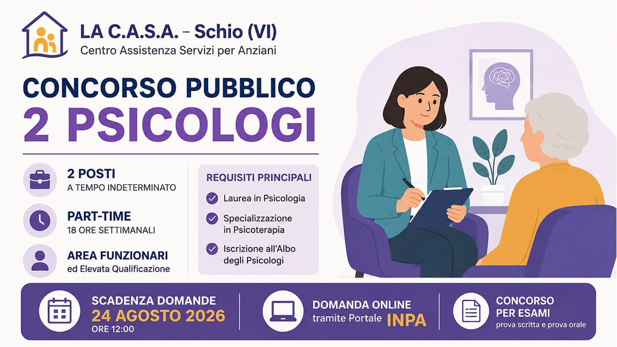 Concorso Psicologi 2026: 2 posti a tempo indeterminato, domande entro il 24 agosto