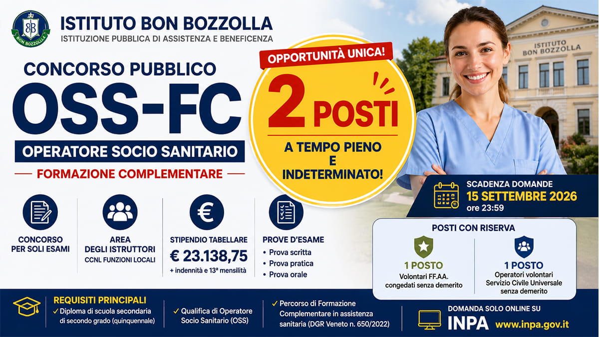 Concorso OSS 2026: 2 posti a tempo indeterminato all’Istituto Bon Bozzolla