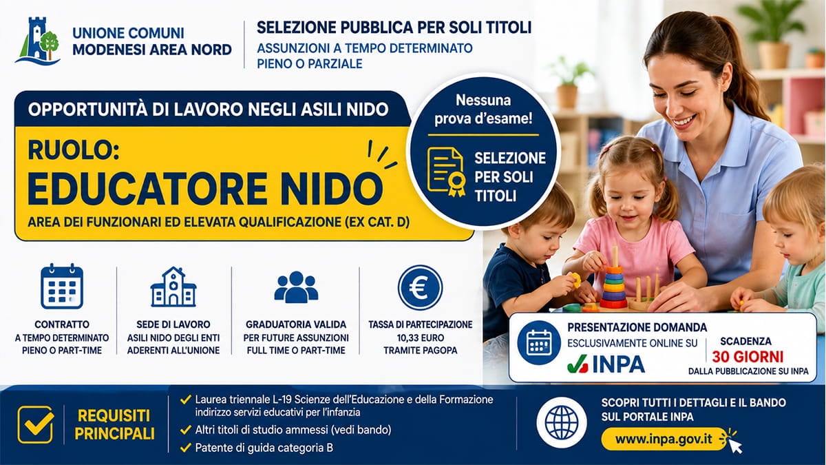 Selezione Educatori Nido 2026: assunzioni negli asili nido, graduatoria per incarichi a tempo determinato