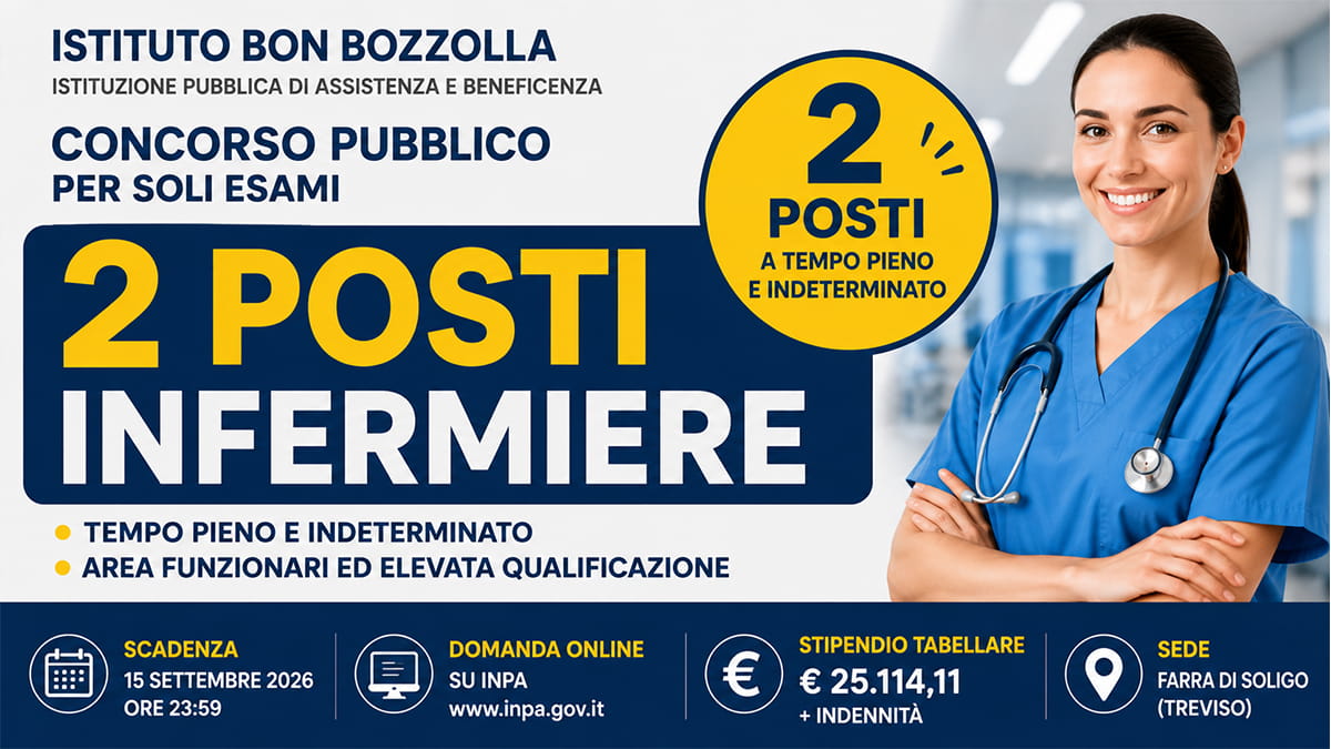 Concorso Infermieri 2026: 2 posti a tempo indeterminato, stipendio oltre 25mila euro