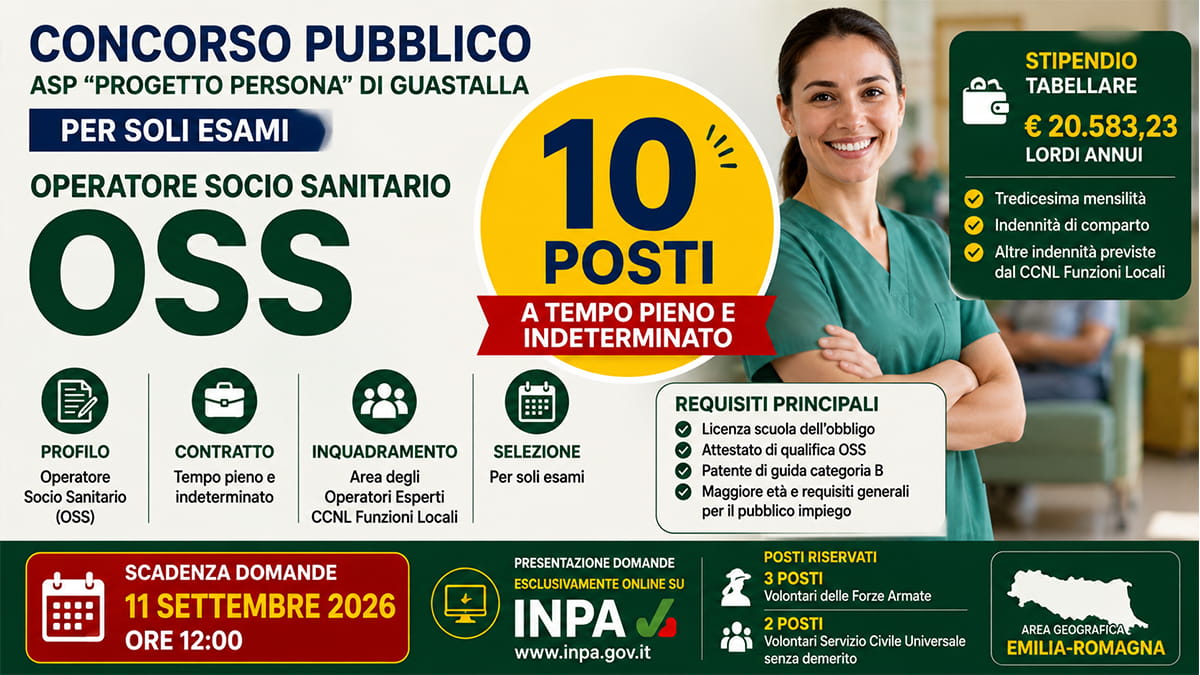 Concorso OSS 2026: 10 posti a tempo indeterminato, domande entro l’11 settembre