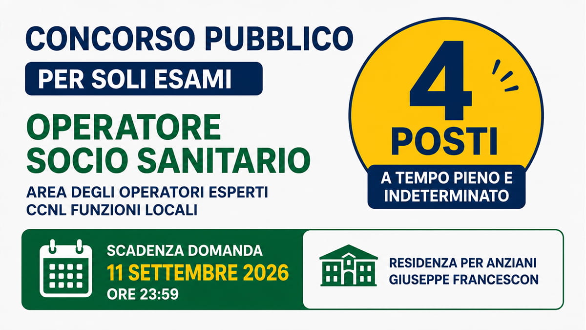 Concorso OSS 2026: 4 posti a tempo indeterminato, domande entro l’11 settembre