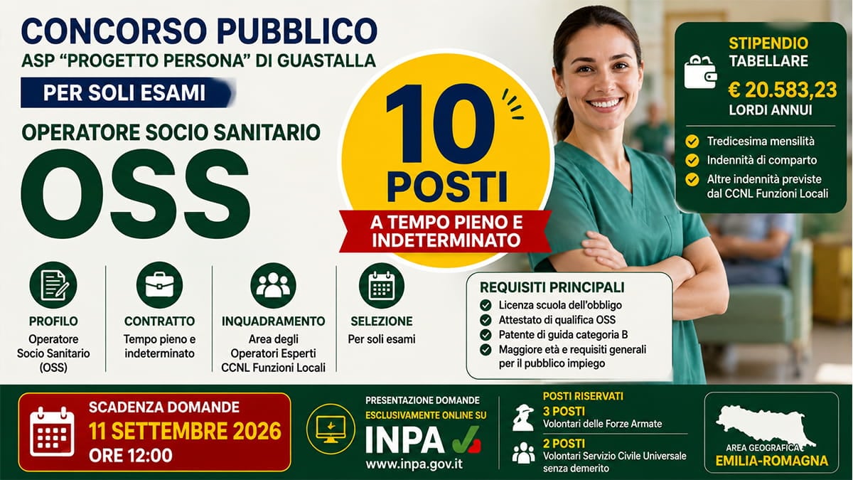 Concorso OSS 2026: 10 posti a tempo indeterminato, domande entro l’11 settembre