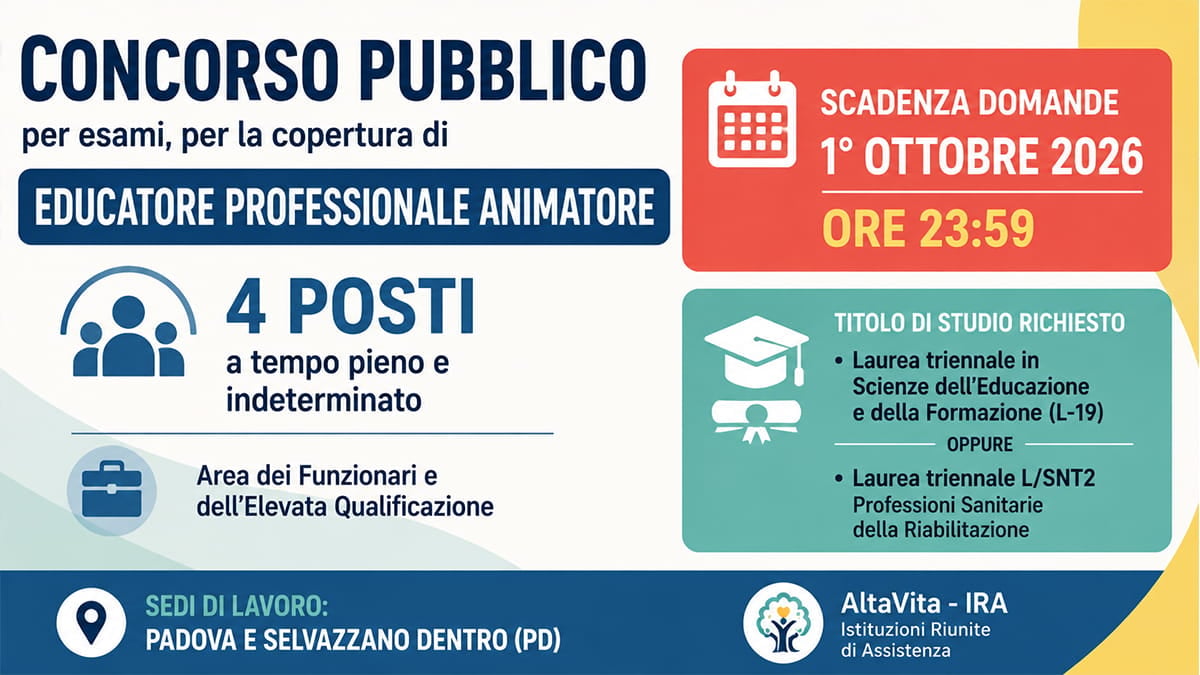 Concorso Educatori Professionali 2026: 4 posti a tempo indeterminato, domande entro il 1° ottobre