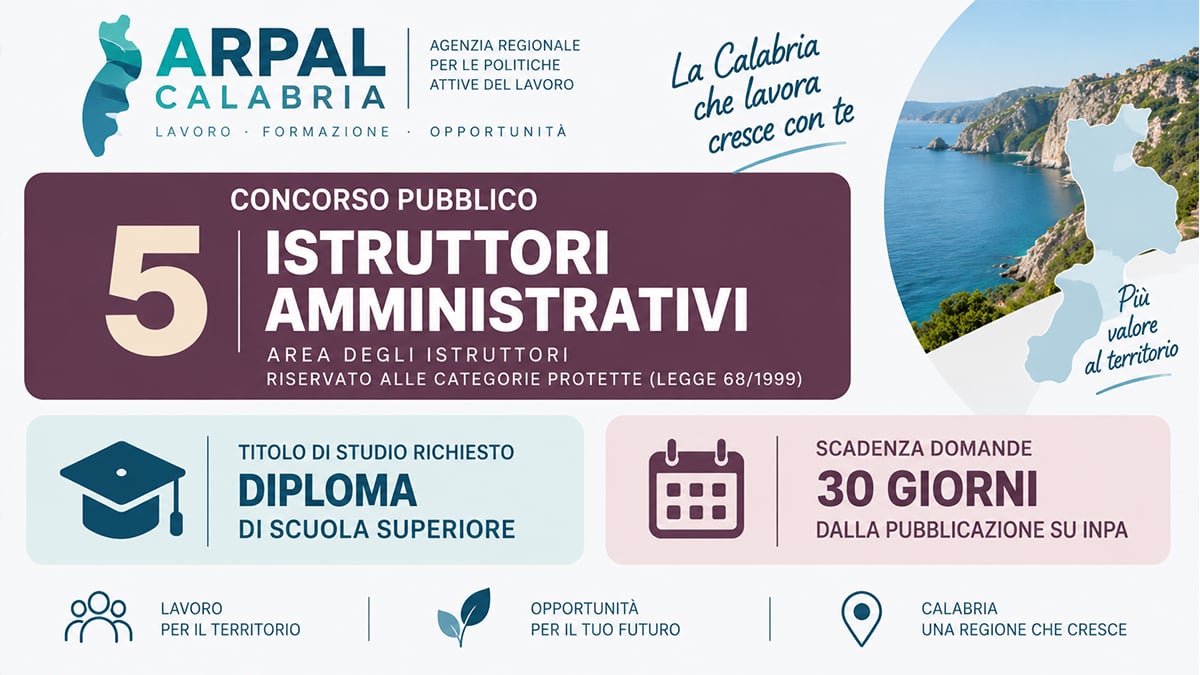 Concorso ARPAL Calabria 2026: 5 posti per Istruttori Amministrativi con diploma