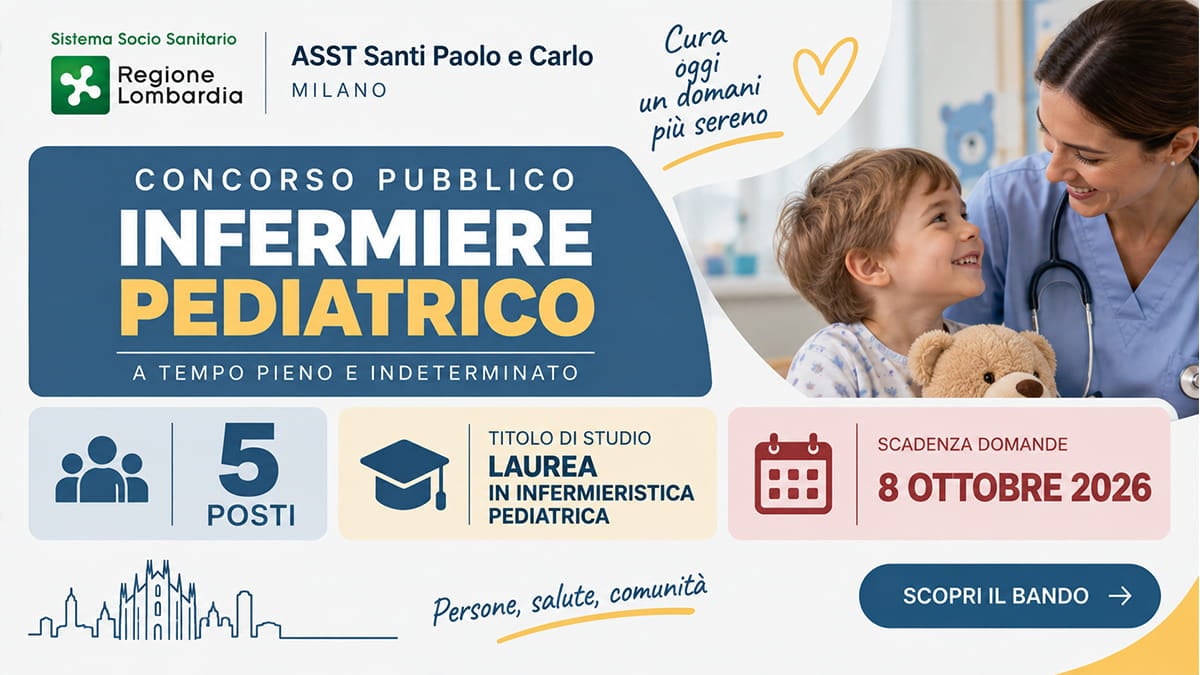 Concorso Infermieri Pediatrici Milano 2026: 5 posti a tempo indeterminato, domande entro l’8 ottobre