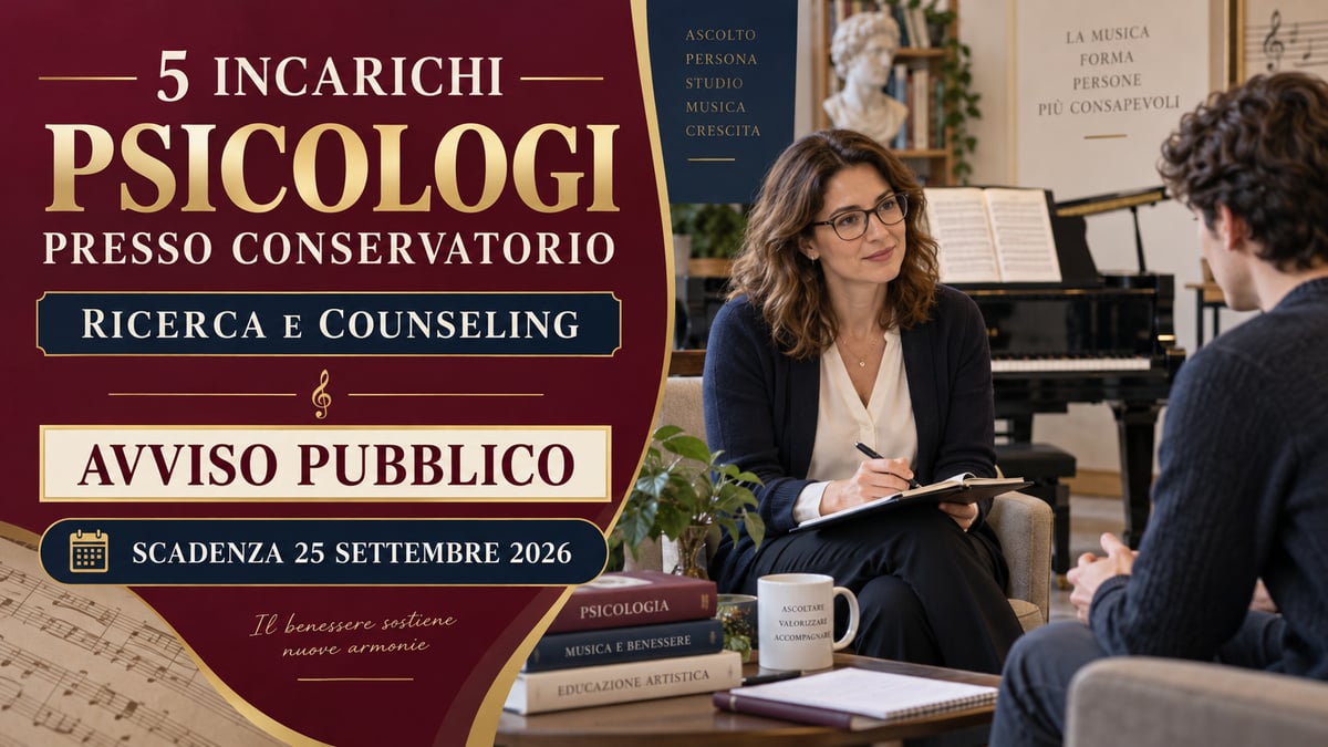 5 incarichi per PSICOLOGI presso CONSERVATORIO, avviso pubblico per ricerca e counseling
