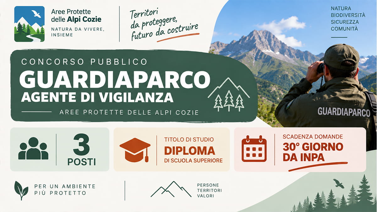 Concorso Guardiaparco 2026: 3 posti a tempo indeterminato nelle Aree Protette delle Alpi Cozie, basta il diploma