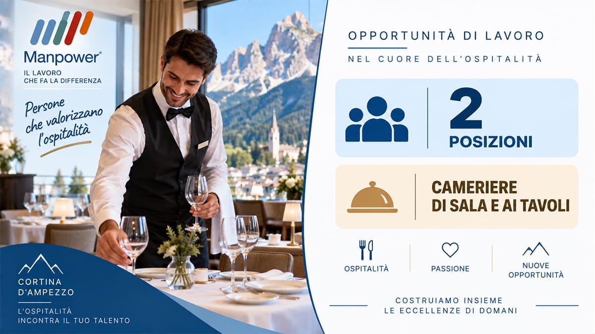 Camerieri a Cortina d’Ampezzo: 2 posti in hotel, stipendio fino a 24.200 euro più alloggio