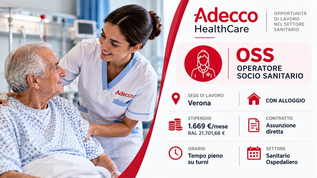 Adecco cerca OSS: assunzioni in ospedale con alloggio, stipendio da 1.669 euro al mese