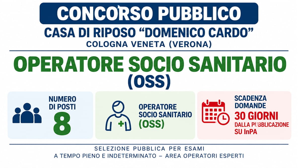 Concorso OSS 2026 in Veneto: 8 posti a tempo indeterminato alla Casa di Riposo Domenico Cardo