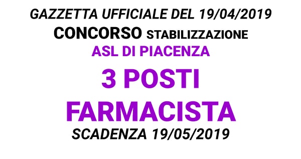 Concorso per stabilizzazione 3 Farmacisti ASL di Piacenza