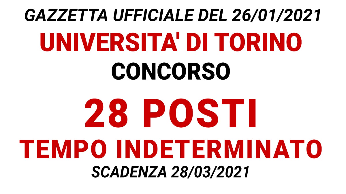 Concorso 28 posti Univarsità di Torino tempo indeterminato GU n.16 del 26-02-2021